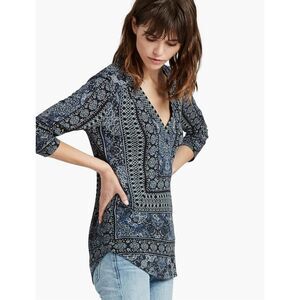 Lucky Brand V-Neck Blue Printed 3/4 Sleeve Linen Blend Top Medium #715
